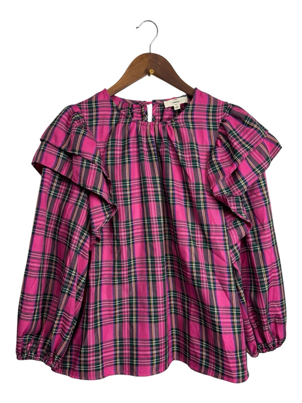 Entro Pink Plaid Ruffle Long-Sleeve Top Preppy